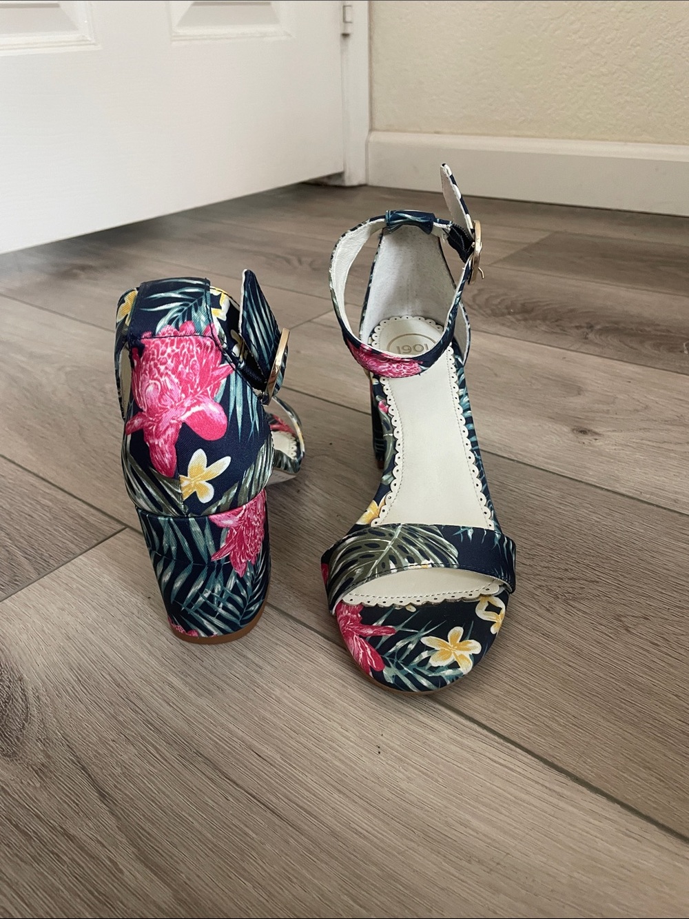 1901 Navy Floral Ankle-Strap Block Heels